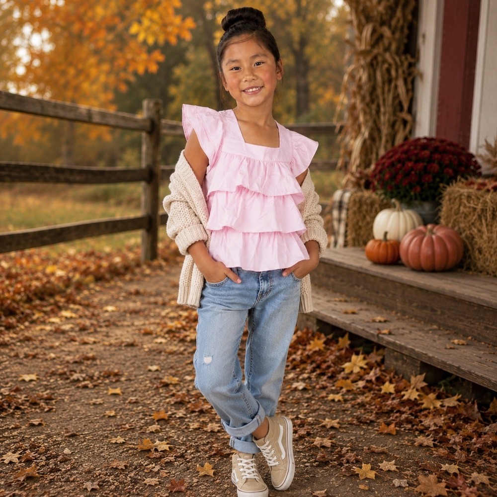 Girls Pink Ruffle Tiered‎ Square Neck Sleeveless Top Kids Size 6 0045